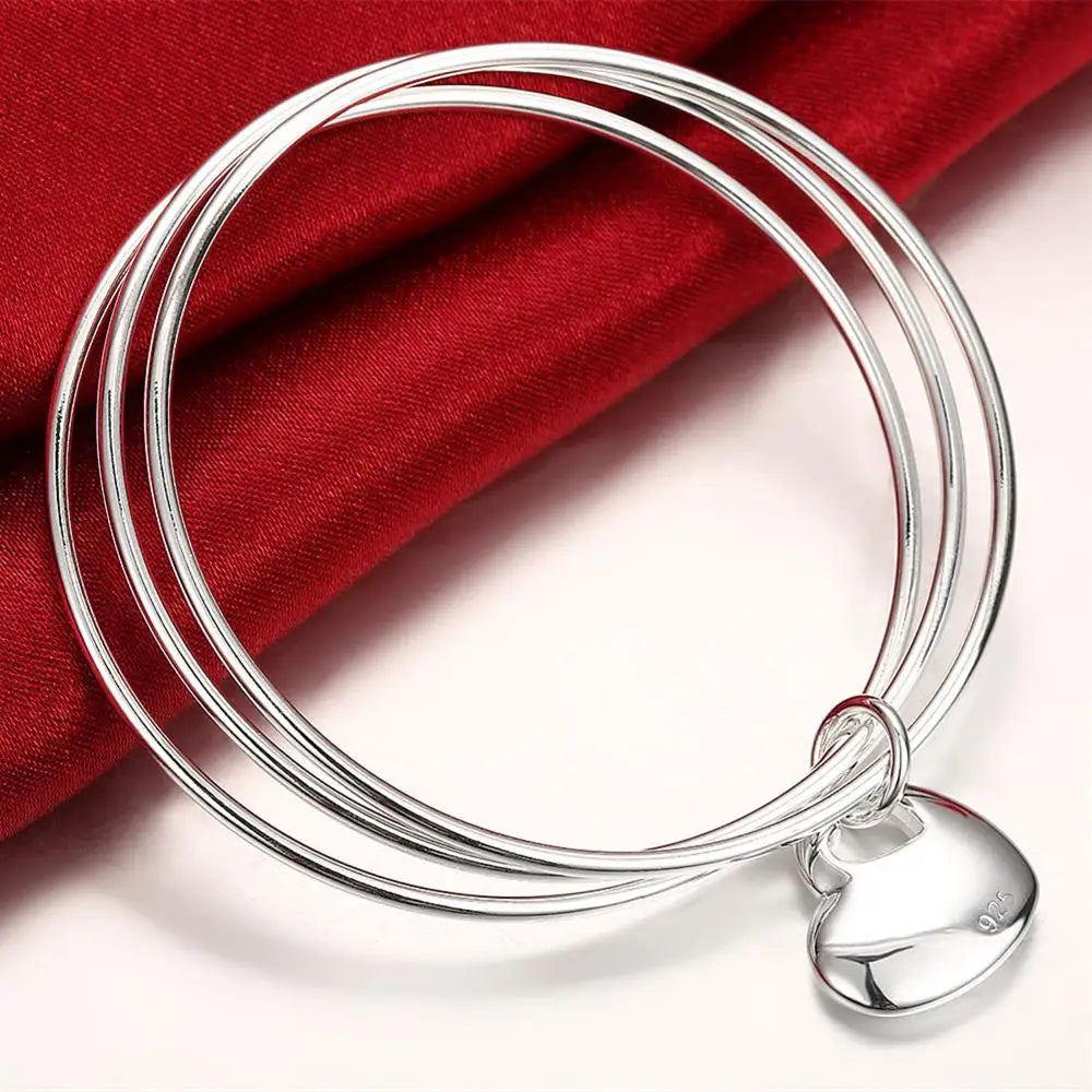 925 Sterling Silver Bracelets for Women three circles hanging heart bangle adjustable Jewelry Fashion Party Gifts Girl