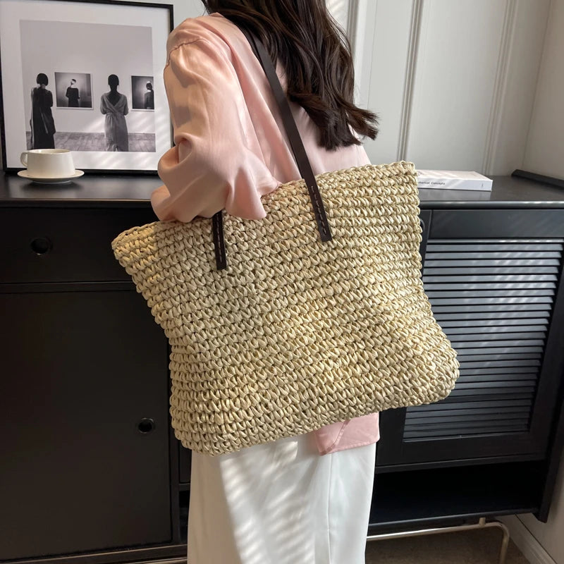 MOODS Luxury Design Straw Woven Tote Bags For Women Large Capacity Shoulder Beach Bag Pure Color Summer New Big Shopping Handbag