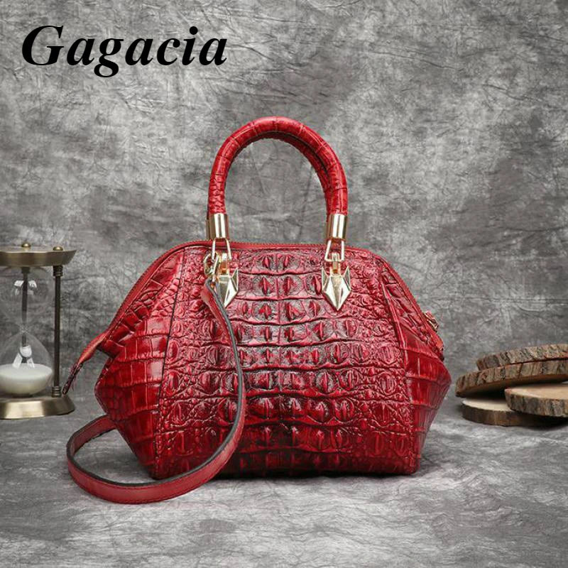 GAGACIA Women Genuine Leather Top-handle Bags For Women Vintage Luxury Tote Bag Ladies Hand Paint Alligator Shoulder Bags Retro