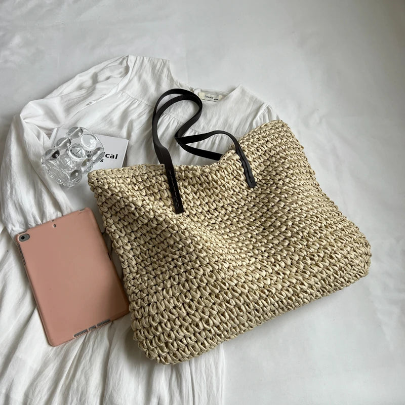MOODS Luxury Design Straw Woven Tote Bags For Women Large Capacity Shoulder Beach Bag Pure Color Summer New Big Shopping Handbag