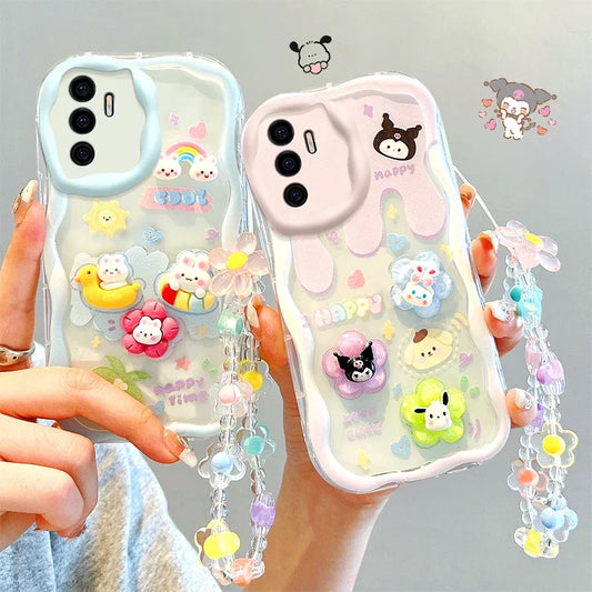 Lovely 3D Kuromi Rabbit Chain Phone Case For Samsung Galaxy S24 S23 S22 Ultra S21 FE S20 Lite A24 A34 A54 Soft Silicone Cover