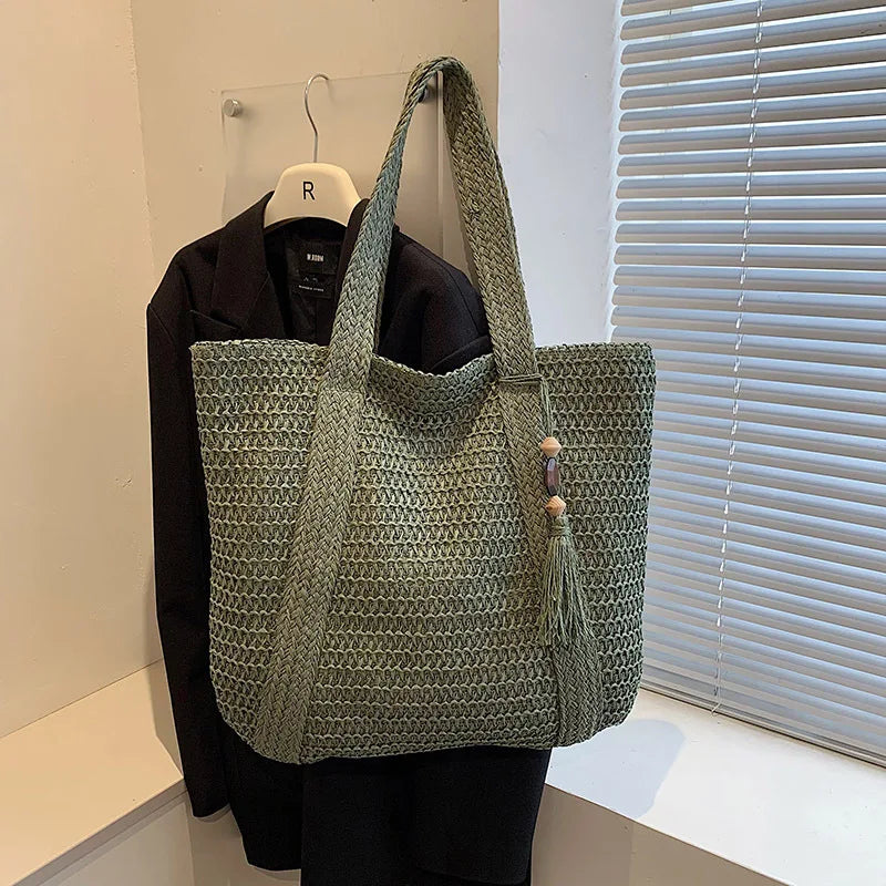 2024 New Straw Braided Bag Hand-woven Simple Handbag Holiday Bag Single Shoulder Bag Casual Trend Tote Bag Shopping Bag