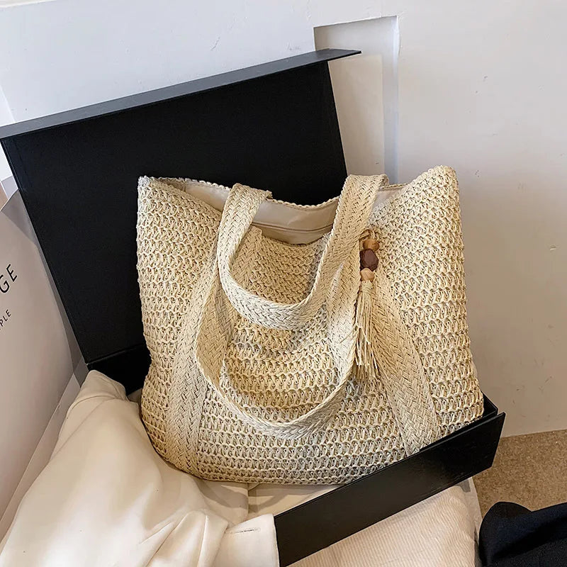 2024 New Straw Braided Bag Hand-woven Simple Handbag Holiday Bag Single Shoulder Bag Casual Trend Tote Bag Shopping Bag