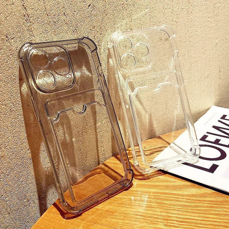Transparent Card Slot Bag Holder Case For iPhone 14 13 11 12 15 Pro Max Mini X XR XS 7 8 Plus Clear Shockproof Soft Wallet Cover