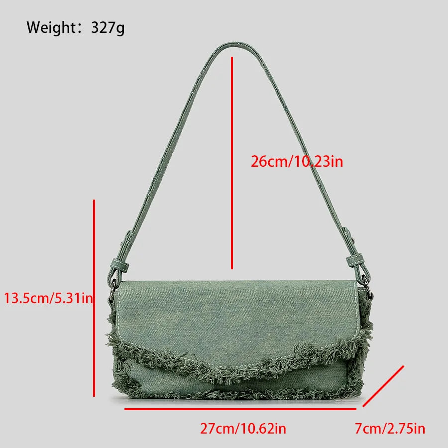 Vintage Fringe Denim Women Shoulder Bags Retro Lady Handbags Designer Small Flap Bag Fashion Simple Female Armpit Bag 2024