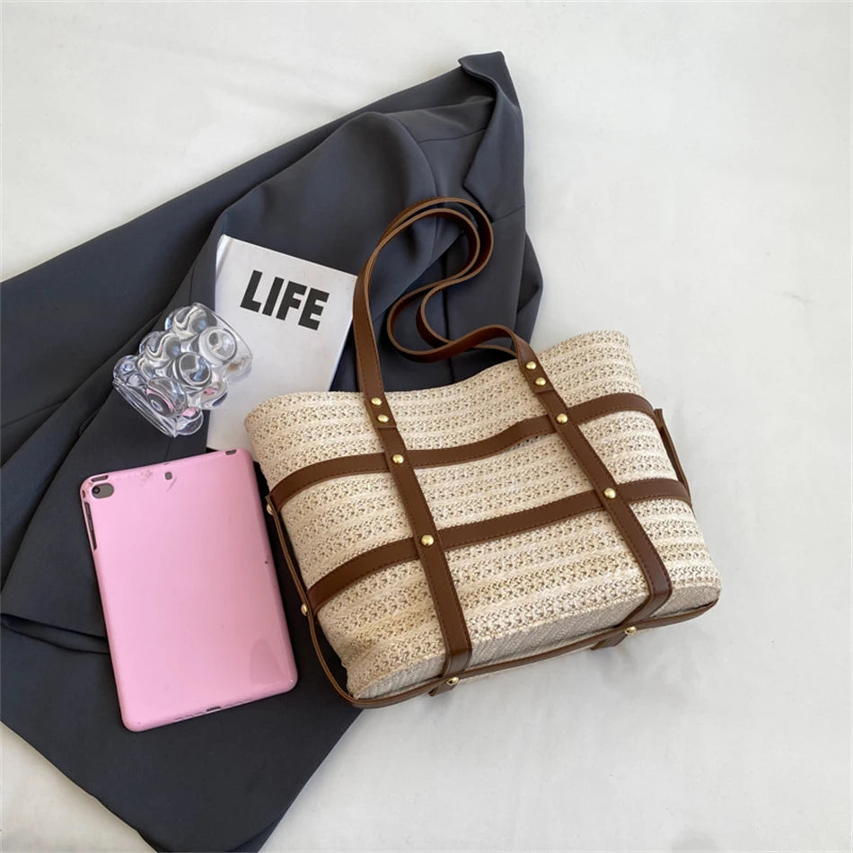 Brand Large Capacity Weave Straw Shoulder Bags for Women Casual Tote Bag Luxury Travel Shopper Beach Bag Handmade Handbags