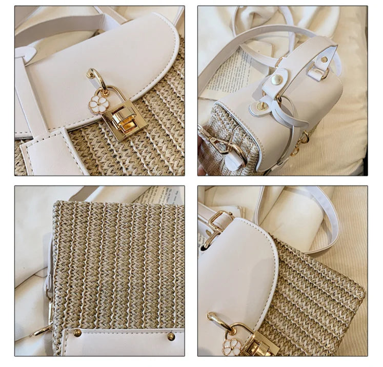 Fashion Women's Bag Korean Style Handbag Lock Button Straw Woven Small Square Shoulder Bag Purse For Ladies