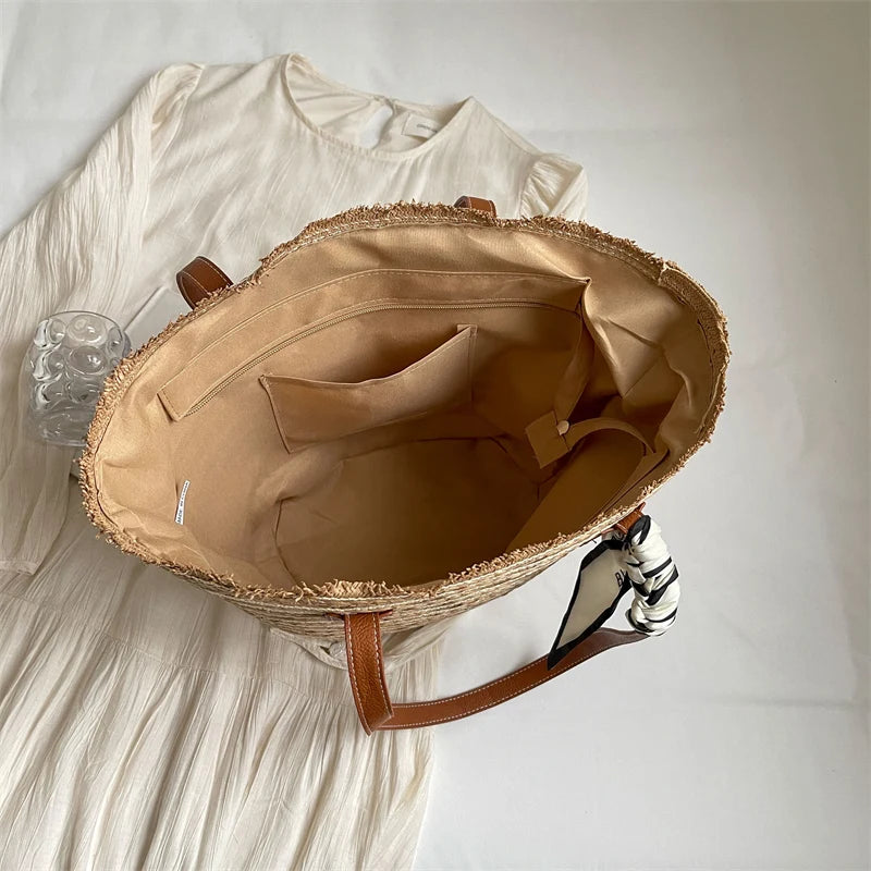 LEFTSIDE Big Straw Ribbons Design Tote Bags for Women 2024 Summer Fashion Weave Shoulder Bags Travel Handbags Beach Bag