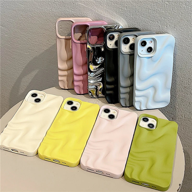 Luxury Plating Silver 3D Wave Pattern Case For iPhone 14 13 11 12 15 Pro Max Candy Color Brief Soft Shockproof Back Cover