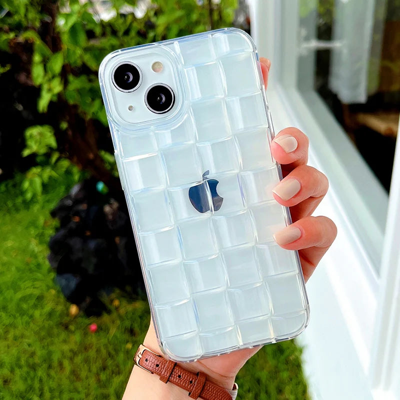 Stylish 3D Ice Cubes Soft Clear Case For iPhone 14 15 Pro Max 13 11 12 XS XR X 7 8 14 Plus SE Weaving BV Grid Silicone Cover